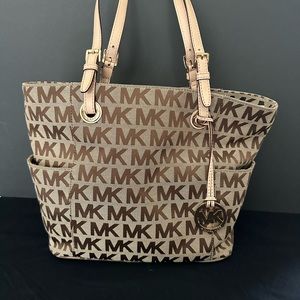 Michael Kors Logo Tote Large Brown with Tan Leather Trimming